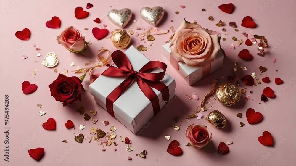 A romantic flat lay composition with a gift box, hearts, and flowers, capturing the essence of Valentine's Day. A romantic flat lay composition with a gift box, hearts, and flowers, capturing the essence of Valentine's Day.