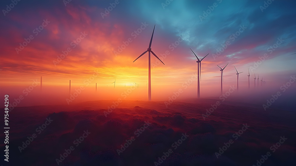 Wind Turbines at Sunset with Fog, Realistic Image Wind Turbines at Sunset with Fog, Realistic Image