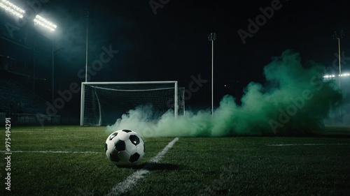 Green smoke fills the air above a soccer field, creating an atmospheric and exciting pre-game spectacle.
