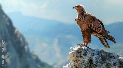 A majestic eagle stands tall on a rocky cliff, with a mountain range in the background.