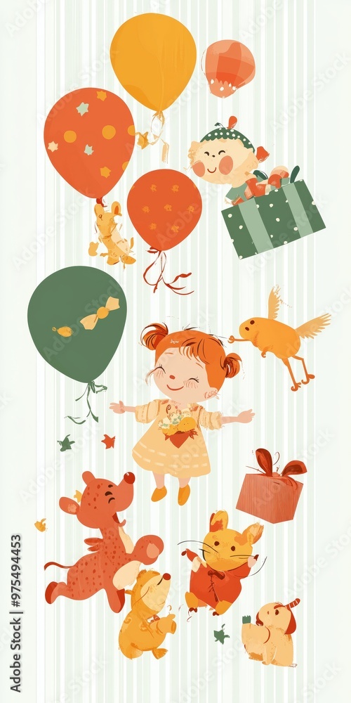 Fototapeta premium Joyful girl in a dress surrounded by balloons and playful animals in a festive setting.