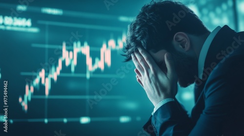 Downcast businessman with head in hands, expression etched in dejection as the weight of his troubles overwhelms him. Financial graph in background. Copy space