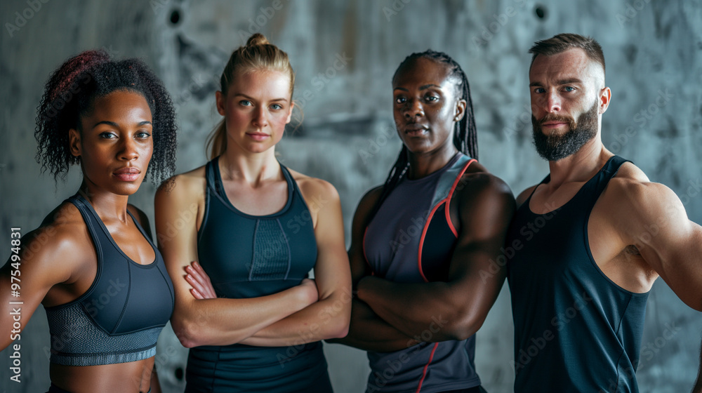 Diverse group of athletic fitness trainers together. Diverse group of athletic fitness trainers together.