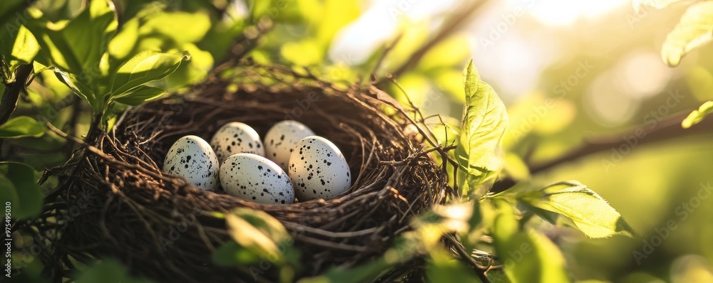 bird's nest with speckled eggs in sunlight, nature and life cycle concept bird's nest with speckled eggs in sunlight, nature and life cycle concept