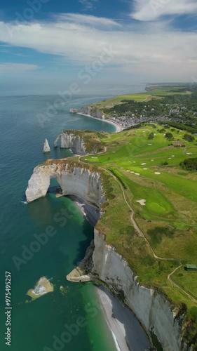 The drone aerial footage of the beautiful cliffs of Etretat. Normandy, France, La Manche or English Channel.