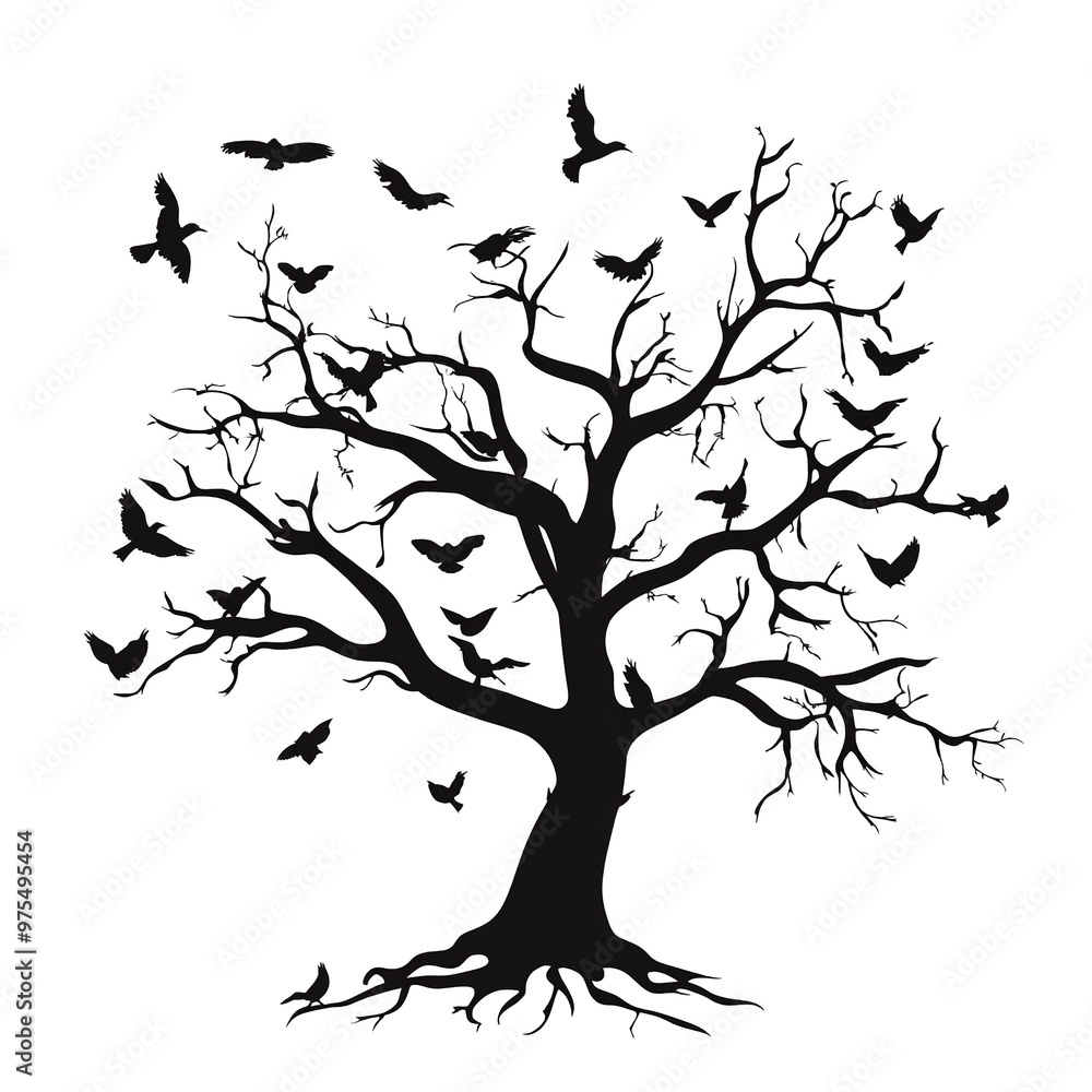 tree silhouette with birds on white background tree silhouette with birds on white background