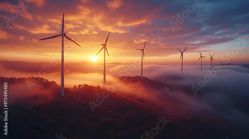 Wind Turbines in the Clouds at Sunset - Realistic Image