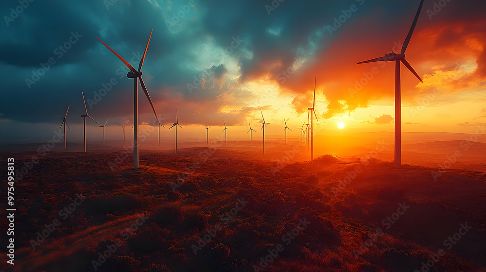 Wind Turbines Sunset Landscape Illustration Wind Turbines Sunset Landscape Illustration