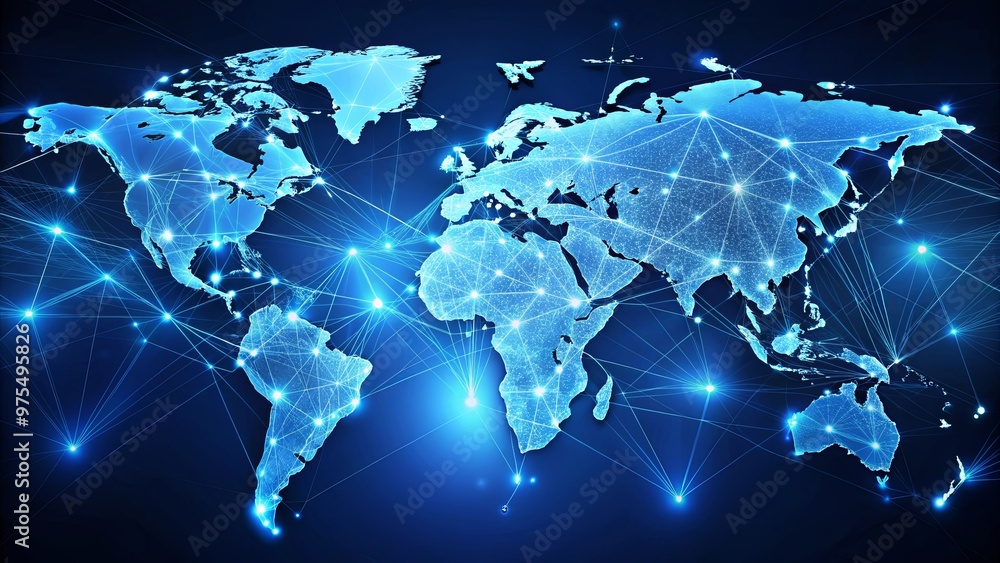 A futuristic world map with glowing data connections and nodes representing the global network, hovering over a dark blue background A futuristic world map with glowing data connections and nodes representing the global network, hovering over a dark blue background
