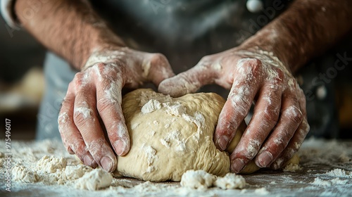 Close-up Photorealistic Shot of Male Baker's Hands Kneading Dough with Detailed Texture and Movement