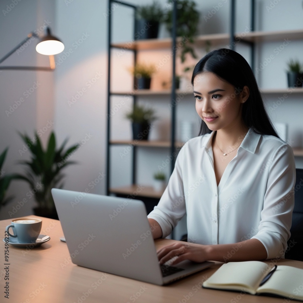 A woman sits at a desk with a laptop and smiling A woman sits at a desk with a laptop and smiling