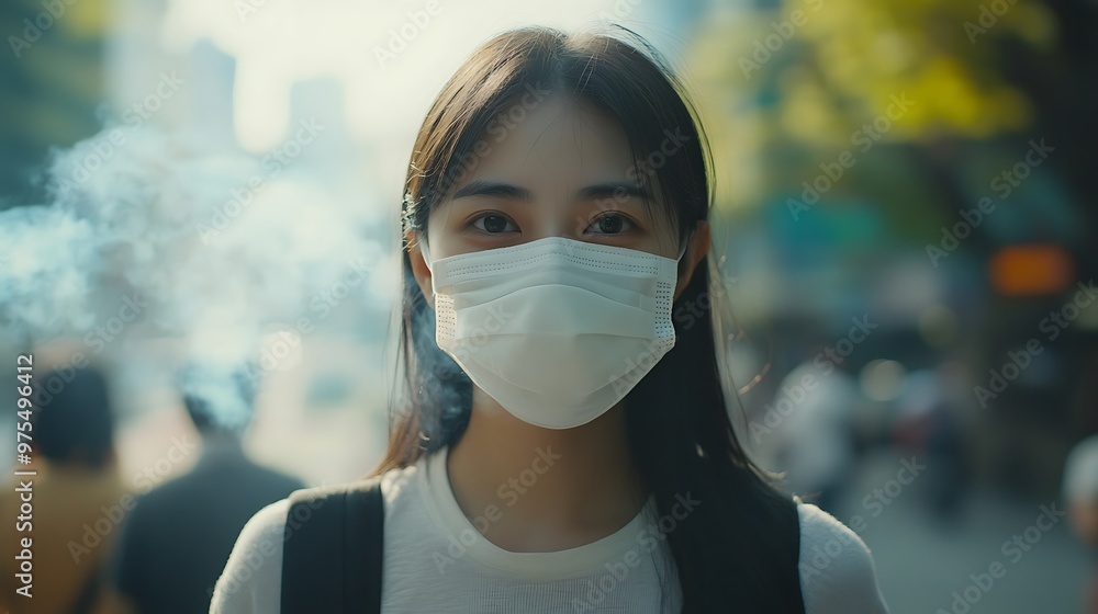 A young woman with long black hair is wearing a white face mask and looking directly at the camera. There is smoke in the background. A young woman with long black hair is wearing a white face mask and looking directly at the camera. There is smoke in the background.