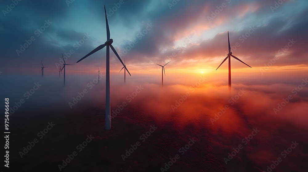 Wind Turbines in a Foggy Sunset Landscape - Photo Wind Turbines in a Foggy Sunset Landscape - Photo