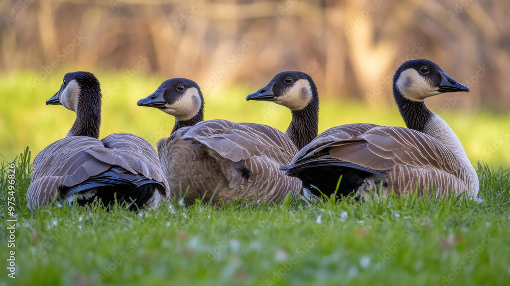 Geese in the field are preening their feathers. Geese in the field are preening their feathers.