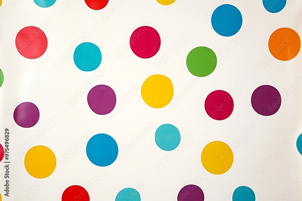 Playful polka-dot pattern in bright primary colors, spaced out with a solid white background in the middle Playful polka-dot pattern in bright primary colors, spaced out with a solid white background in the middle