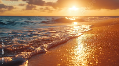 Fototapeta Naklejka Na Ścianę i Meble -  A serene beach scene at sunset, capturing the golden waves kissing the shore under a vibrant sky.