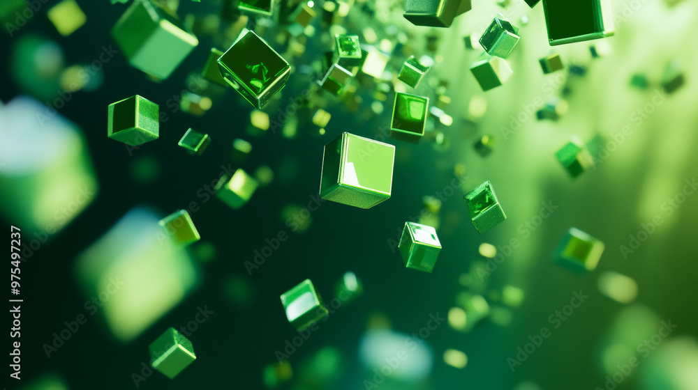 Shiny green pieces coming together in a dynamic way. This image represents the idea of green technology, with green blocks floating in the air. It was made using a 3D computer program. Shiny green pieces coming together in a dynamic way. This image represents the idea of green technology, with green blocks floating in the air. It was made using a 3D computer program.