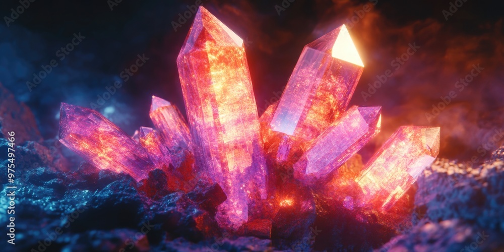 Pink crystal cluster on rock Pink crystal cluster on rock