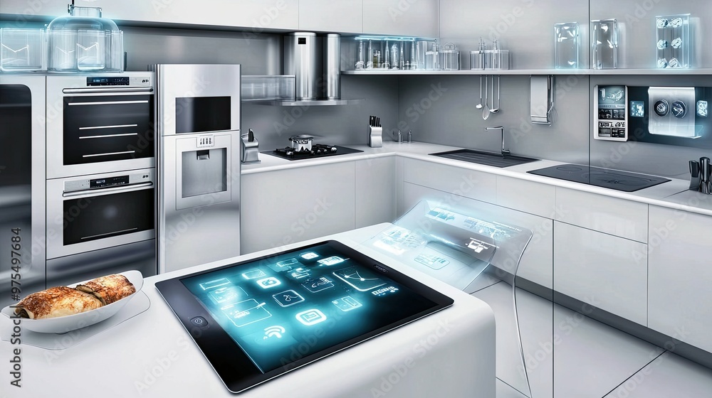 Fototapeta premium Modern kitchen with tablet and smart appliances.