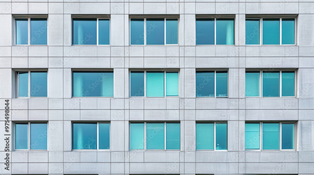 The building has a modern design with a grid of windows, creating a pattern of glass squares on the wall. The building has a modern design with a grid of windows, creating a pattern of glass squares on the wall.