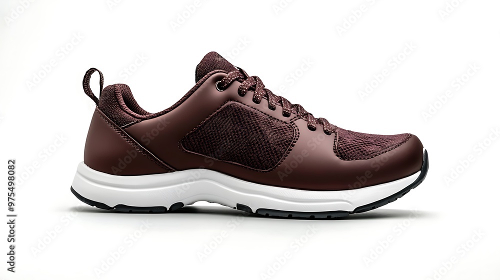 A brown and white sneaker with a white sole and black accents. A brown and white sneaker with a white sole and black accents.