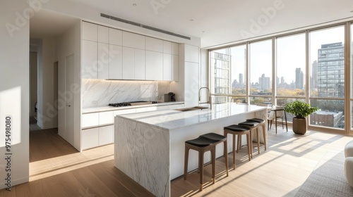 Wallpaper Mural Modern kitchen with white cabinets, marble countertops, and a large island with bar stools. The kitchen has a view of a city skyline. Torontodigital.ca