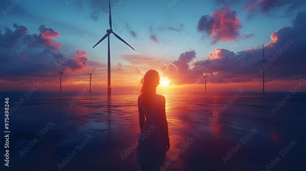 Silhouette of a Woman in a Dress Against a Sunset Sky with Wind Turbines in the Distance - Illustration Silhouette of a Woman in a Dress Against a Sunset Sky with Wind Turbines in the Distance - Illustration