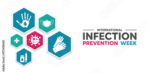 International Infection Prevention Week. Virus, hand, syringe, gloves, plus icon and mask. Great for cards, banners, posters, social media and more. White background.