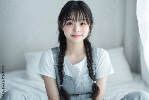 A joyful, braided Asian girl jumps energetically on a bed in a cozy room, reflecting the playful spirit that is perfect for promoting children’s products or family-oriented content. photo