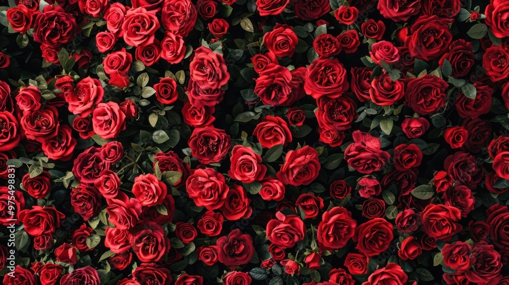 Top view of fresh red roses scattered beautifully in the background. Top view of fresh red roses scattered beautifully in the background.