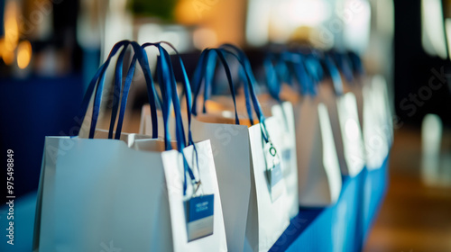 Corporate gifts and souvenirs for employees, presented in gift bags at a conference. 