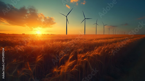 Golden Field with Wind Turbines at Sunset - Landscape Photography