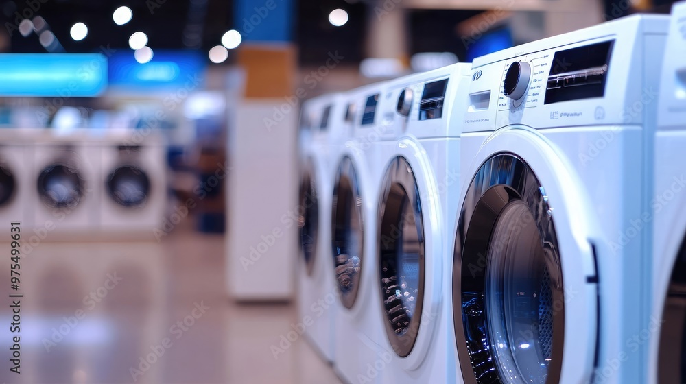 Efficient and Stylish Modern Washing Machines in Well-Lit Appliance Showroom Efficient and Stylish Modern Washing Machines in Well-Lit Appliance Showroom