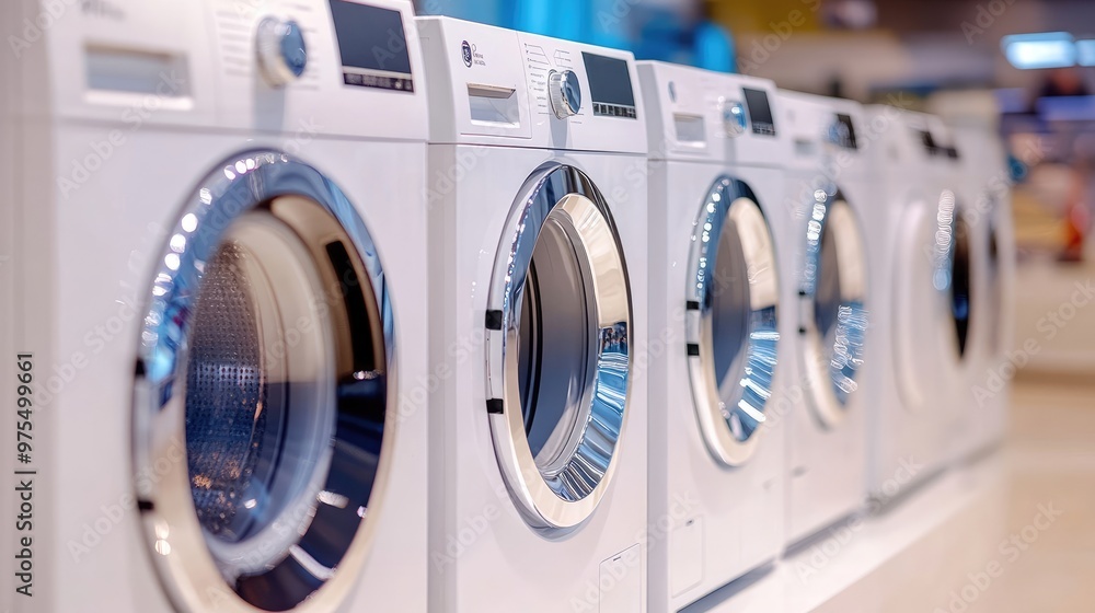 Efficient and Stylish Modern Washing Machines in Well-Lit Appliance Showroom Efficient and Stylish Modern Washing Machines in Well-Lit Appliance Showroom