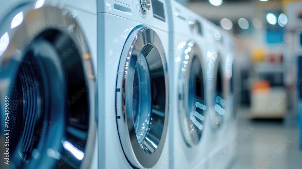 Fototapeta premium Efficient and Stylish Modern Washing Machines in Well-Lit Appliance Showroom