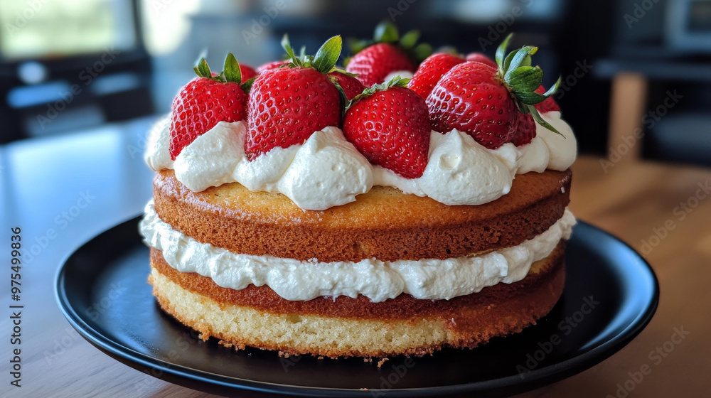 Homemade cake topped with fresh strawberries and whipped cream. Homemade cake topped with fresh strawberries and whipped cream.