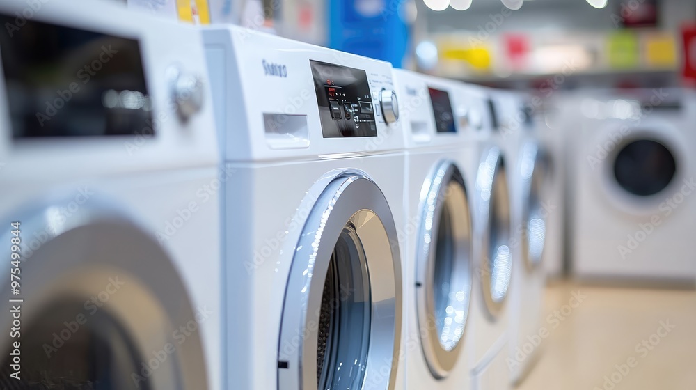 Efficient and Stylish Modern Washing Machines in Well-Lit Appliance Showroom