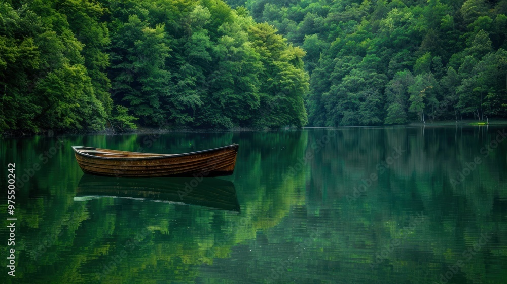 Photograph of a rowboat floating on a calm lake with lush green trees in the background and soft morning sunlight. Photograph of a rowboat floating on a calm lake with lush green trees in the background and soft morning sunlight.