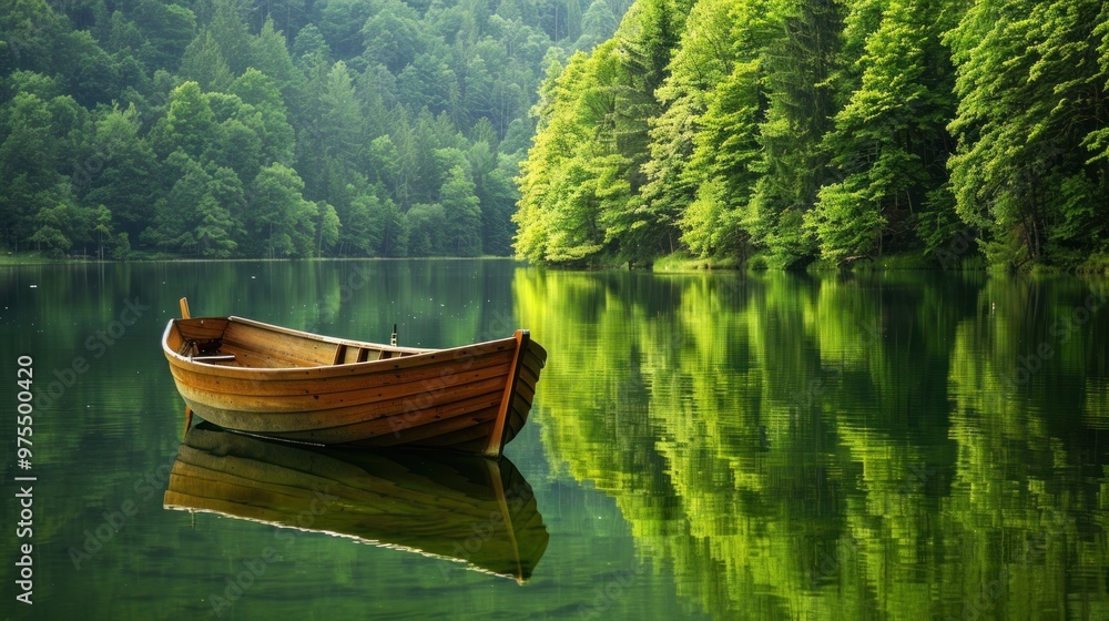 Photograph of a rowboat floating on a calm lake with lush green trees in the background and soft morning sunlight. Photograph of a rowboat floating on a calm lake with lush green trees in the background and soft morning sunlight.