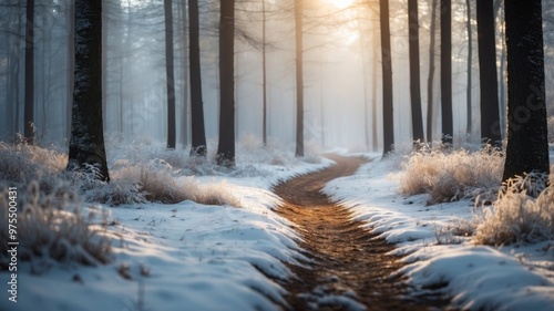 a clearing in a completely snowy forest with fog. photo