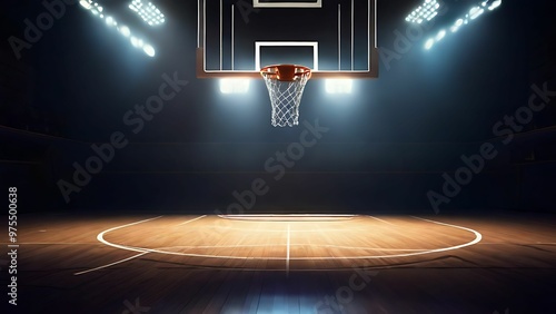 Empty basketball court with spotlights