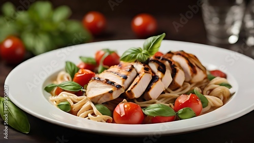 Pasta with grilled chicken on the plate photo