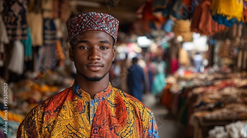 Confident Young Man in Traditional Attire at Busy Marketplace - Cultural Diversity and Vibrant Community Concept