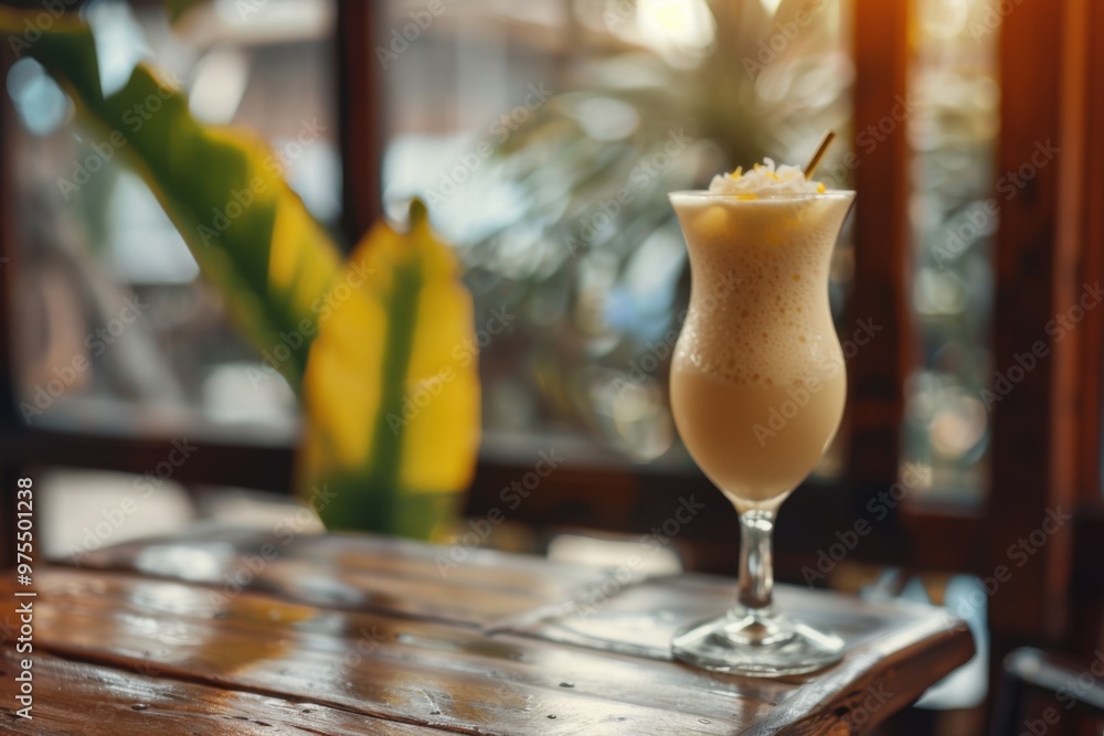 Obraz premium Bourbon Colada with bourbon and coconut, served in a tall glass, cozy cabin background, copy space