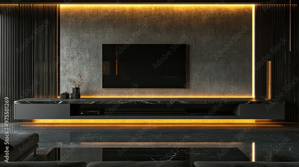 Modern living room with a flat screen TV, a marble fireplace, and a dark gray sofa. Modern living room with a flat screen TV, a marble fireplace, and a dark gray sofa.