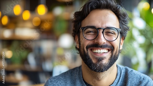 Radiant Smile, Authentic Joy: A close-up portrait of a man with a warm, genuine smile, radiating happiness and positivity. His bright eyes and infectious laughter capture the essence of pure joy. 