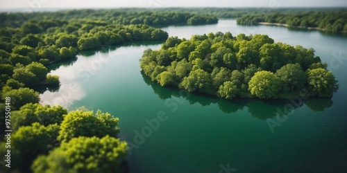 Aerial View of a Lush Green Island in a Tranquil Lake.