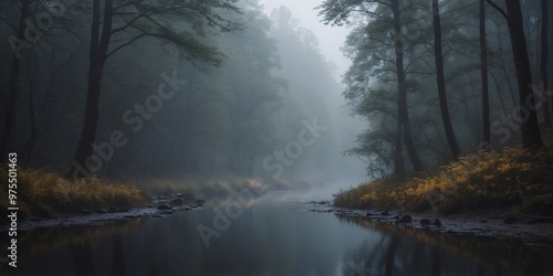 Dense dark forest with a river in the morning fog. photo