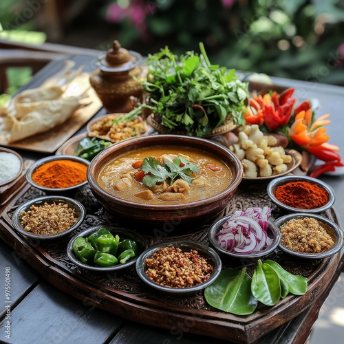 A plate of Khanom Jeen rice noodles served with rich chicken curry, surrounded by fresh Thai herbs and vegetables, set on a traditional Thai wooden table.