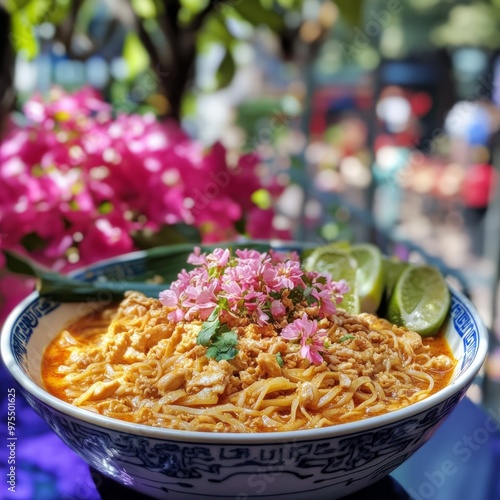 A plate of Khanom Jeen rice noodles served with rich chicken curry, surrounded by fresh Thai herbs and vegetables, set on a traditional Thai wooden table. photo